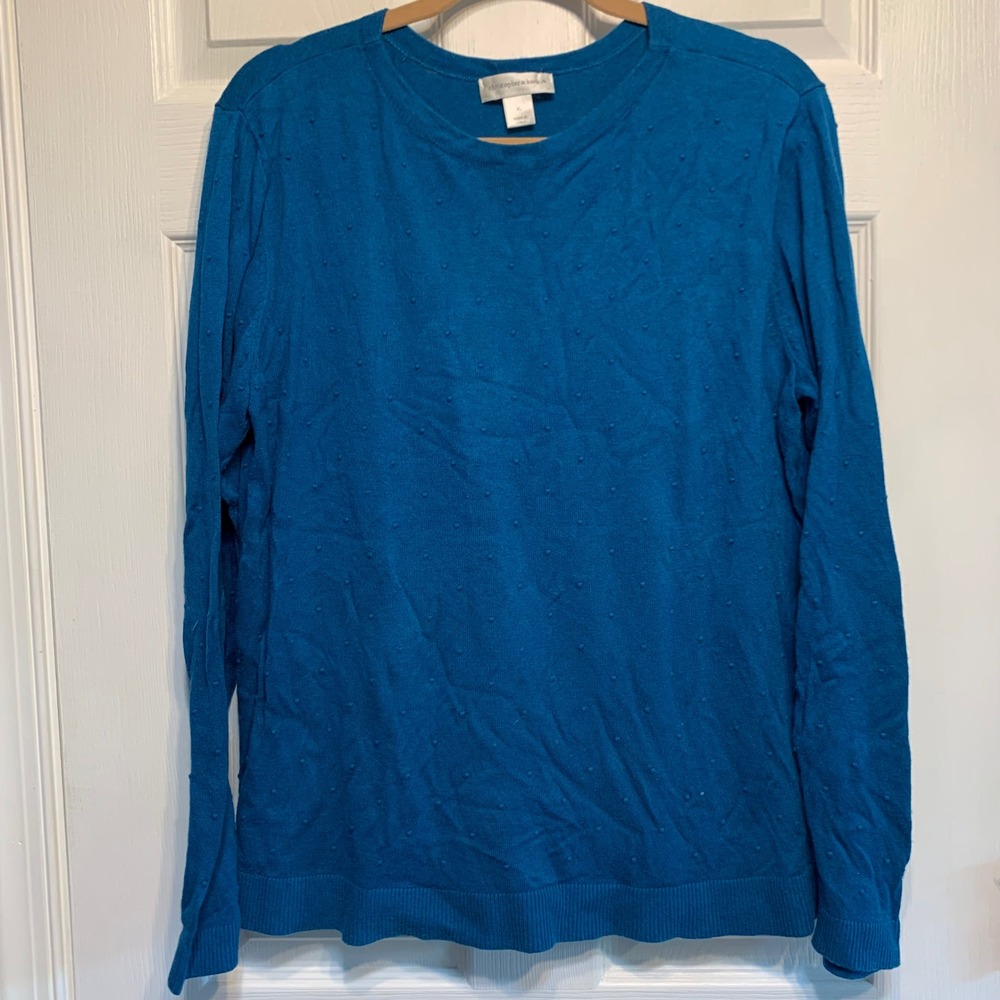Christopher & Banks Sweater XL Teal Blue Swiss Dot Textured Classic Preppy Cozy